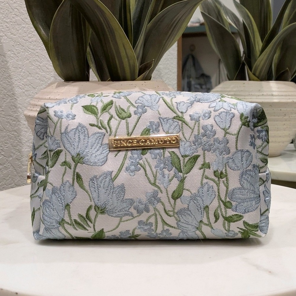 Vince Camuto‎ Floral Jacquard Cosmetic Bag Blue Green Tapestry Travel Pouch